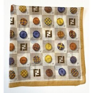 Fendi Scarf Brown & White w/ FF Monogram & Multicolor Button Accents Vintage